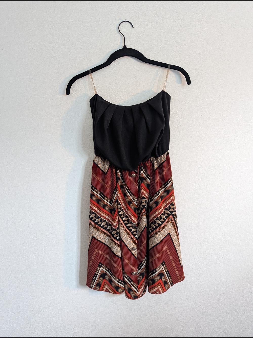 Vintage Love Culture Black Bodice Strapless Mini Dress, Rust Chevron Skirt, Y2k